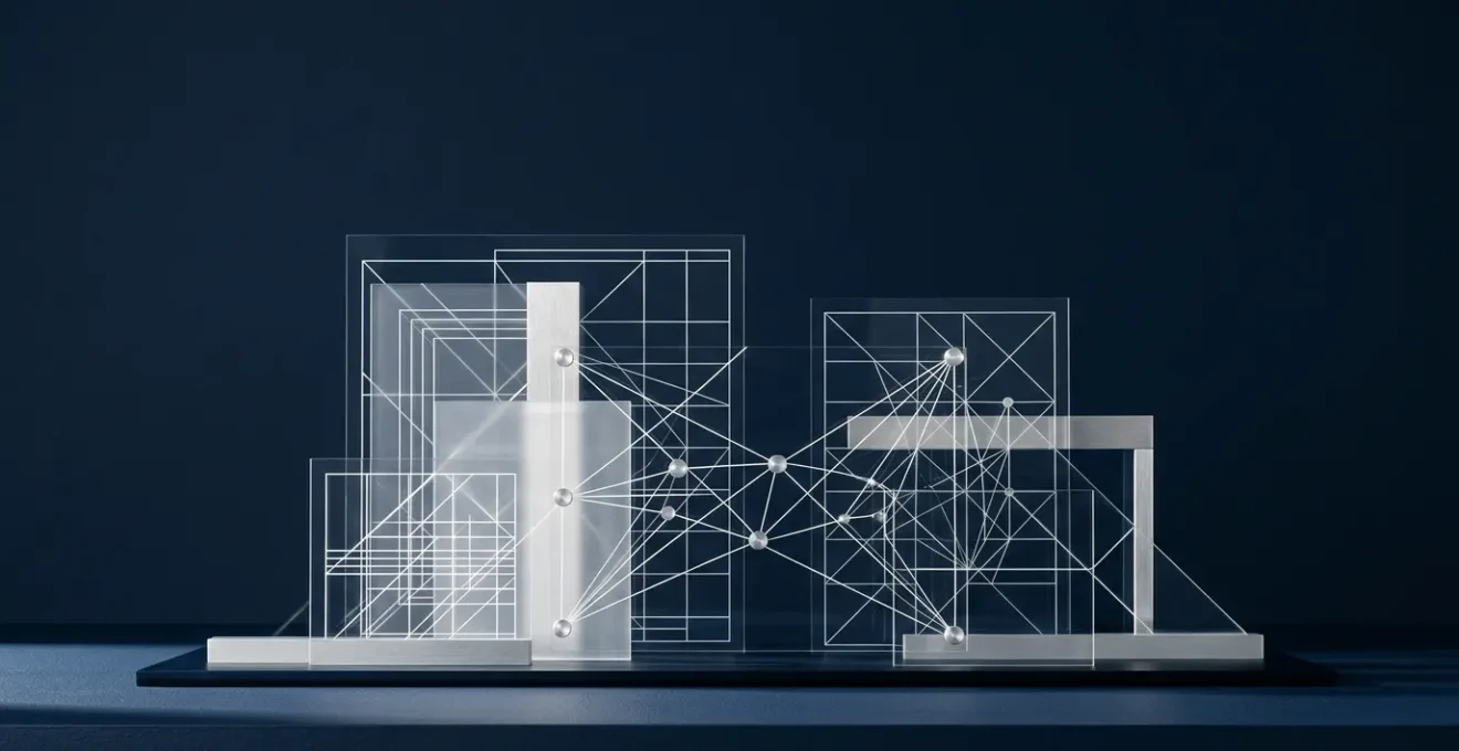 Conception d'architecture API avec schémas techniques et connexions de services sur fond minimaliste