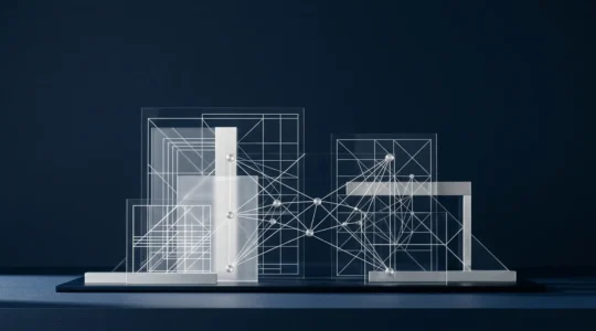 Conception d'architecture API avec schémas techniques et connexions de services sur fond minimaliste