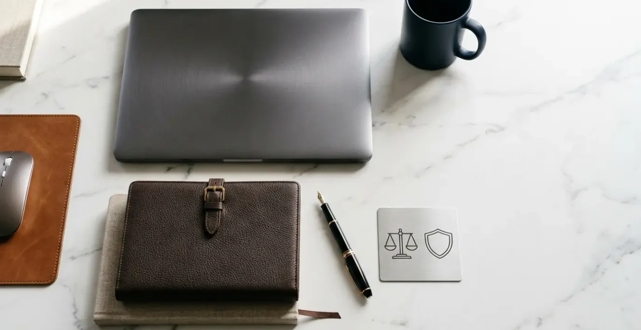 Bureau professionnel avec éléments symbolisant la conformité juridique et la signature électronique sécurisée