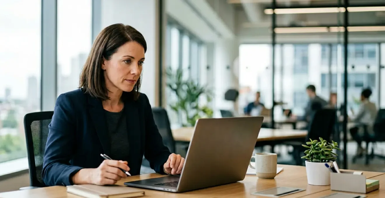 Professionnel analysant un email avec vigilance dans un environnement de travail moderne et éclairé