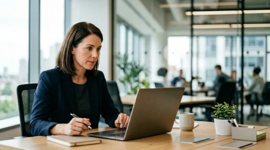 Professionnel analysant un email avec vigilance dans un environnement de travail moderne et éclairé