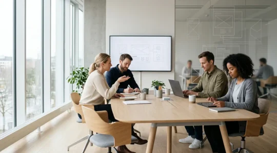 Vision d'ensemble d'un environnement de travail moderne mettant en valeur l'expérience utilisateur et la productivité digitale
