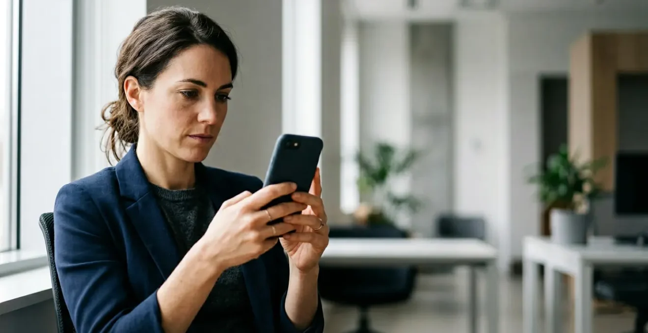 Professionnel configurant l'authentification multi-facteurs sur smartphone dans un environnement de bureau moderne