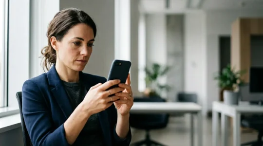 Professionnel configurant l'authentification multi-facteurs sur smartphone dans un environnement de bureau moderne