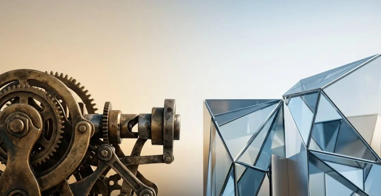 Composition métaphorique représentant la tension entre héritage technologique et innovation logicielle pour la transformation d'entreprise