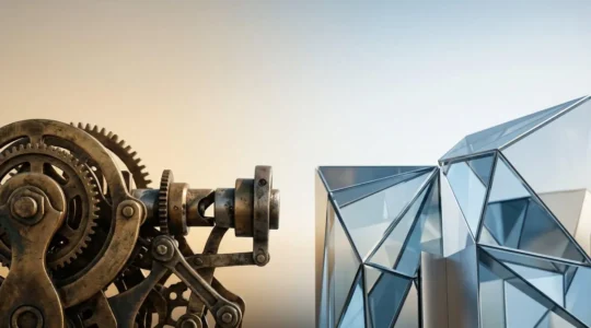 Composition métaphorique représentant la tension entre héritage technologique et innovation logicielle pour la transformation d'entreprise