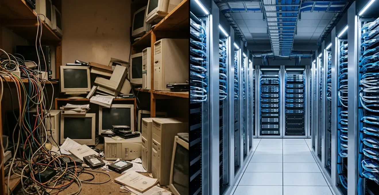 Contraste visuel entre un écosystème de données organisé et un environnement chaotique de données non gouvernées