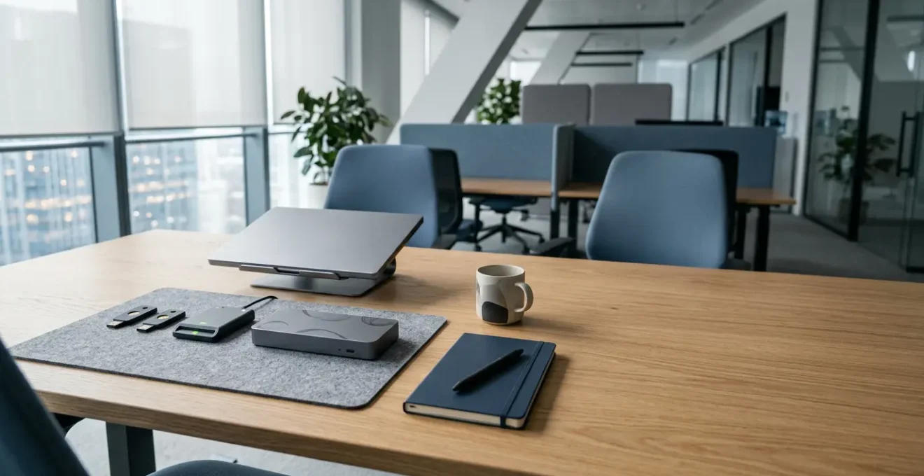 Espace de travail professionnel moderne avec équipement financier sécurisé et éléments de conformité bancaire