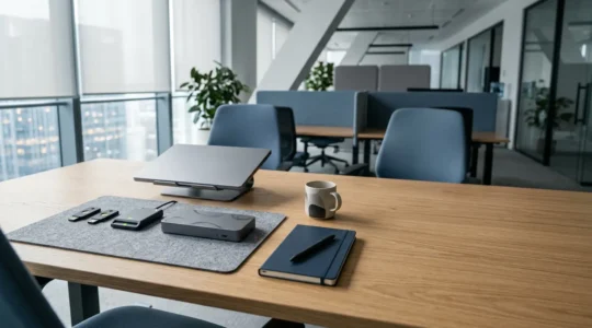 Espace de travail professionnel moderne avec équipement financier sécurisé et éléments de conformité bancaire