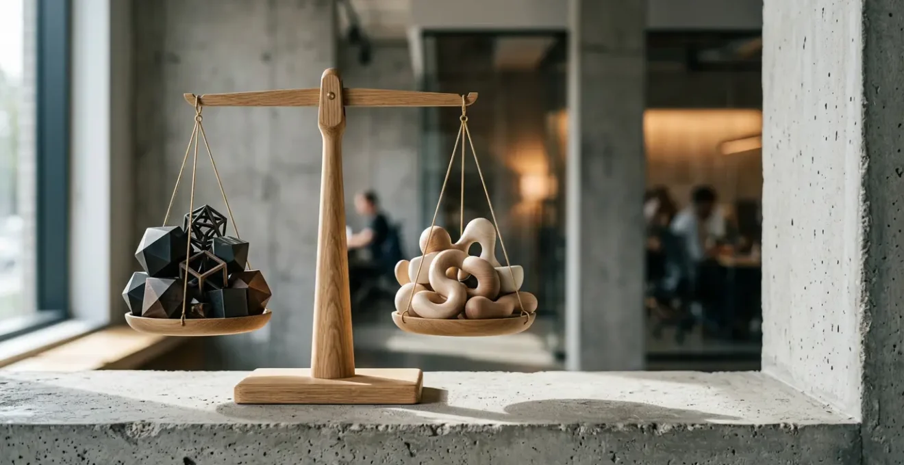 Balance symbolique représentant l'équilibre entre configuration et développement dans l'architecture logicielle