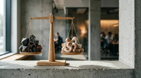 Balance symbolique représentant l'équilibre entre configuration et développement dans l'architecture logicielle