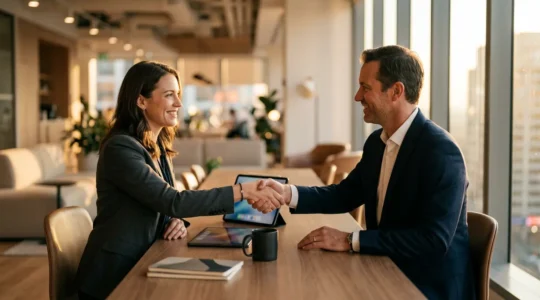 Processus accéléré de signature de contrat commercial entre professionnels illustrant la transformation digitale