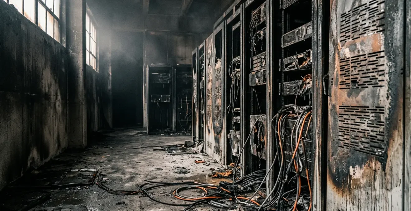 Salle de serveurs informatiques ravagée par un incendie montrant l'importance d'une stratégie de sauvegarde hors site