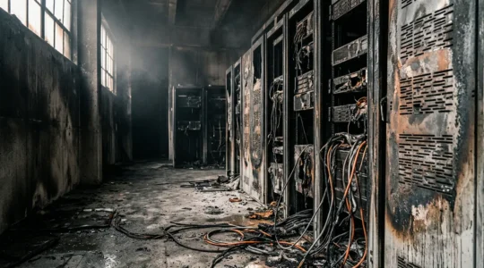 Salle de serveurs informatiques ravagée par un incendie montrant l'importance d'une stratégie de sauvegarde hors site