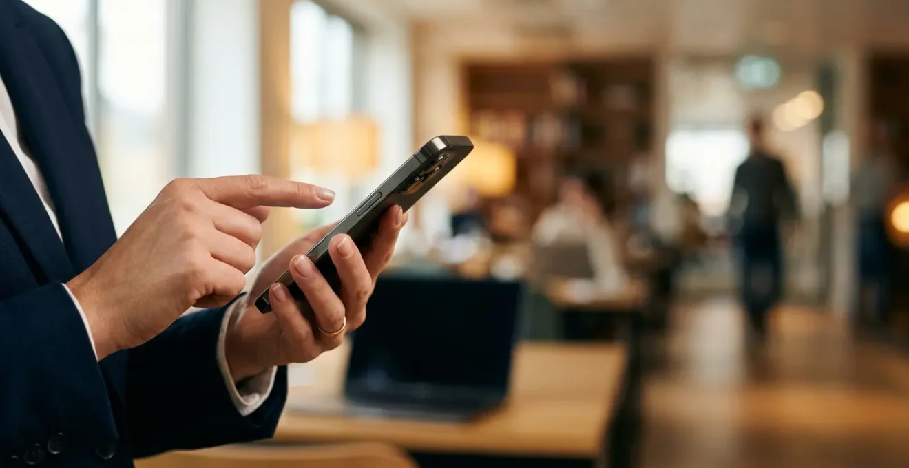 Professionnel validant une dépense administrative sur smartphone dans un environnement de travail moderne