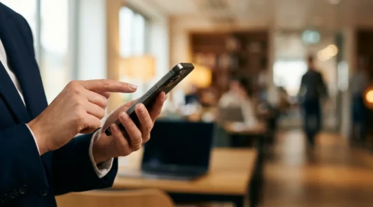 Professionnel validant une dépense administrative sur smartphone dans un environnement de travail moderne