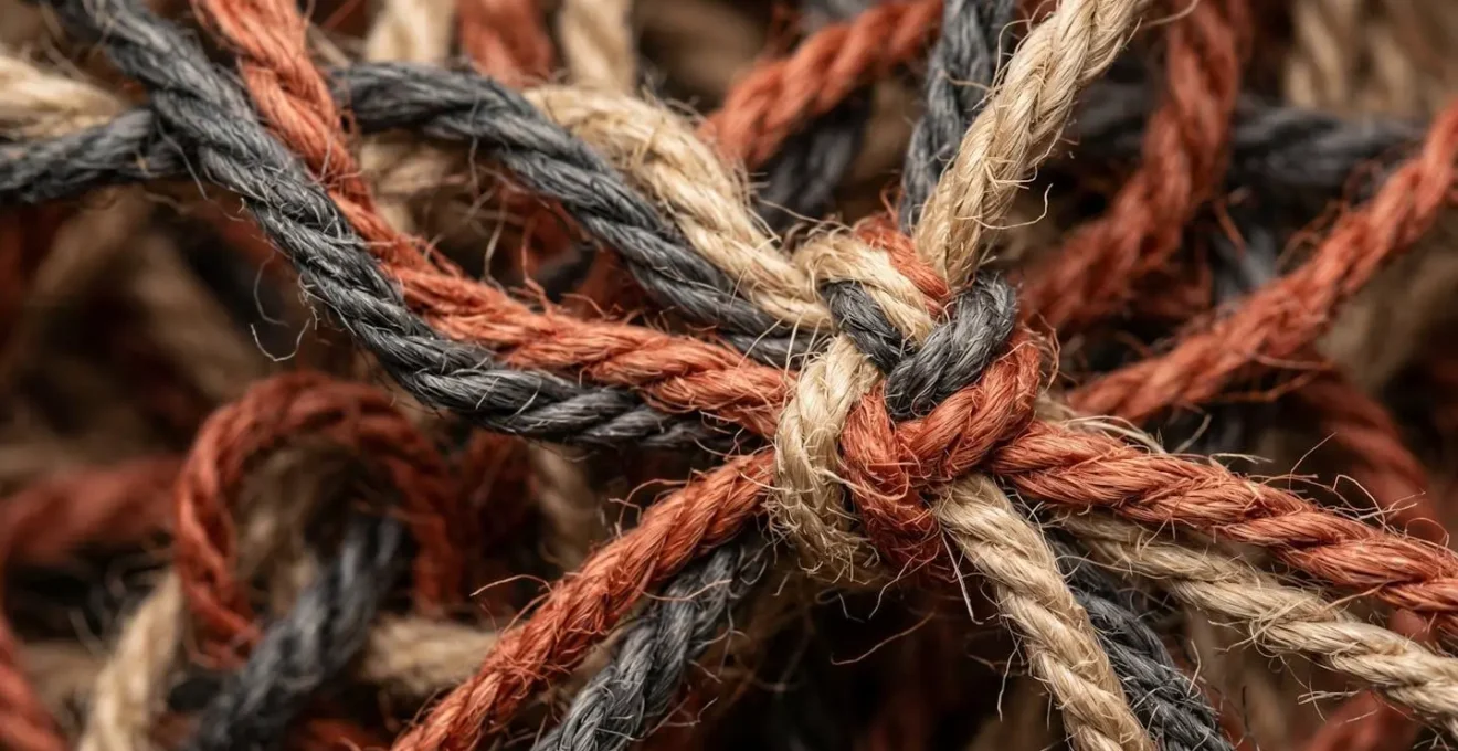 Gros plan macro sur des ficelles de couleur entrelacees formant un reseau complexe avec noeuds et tensions, metaphore des flux et blocages dans un processus