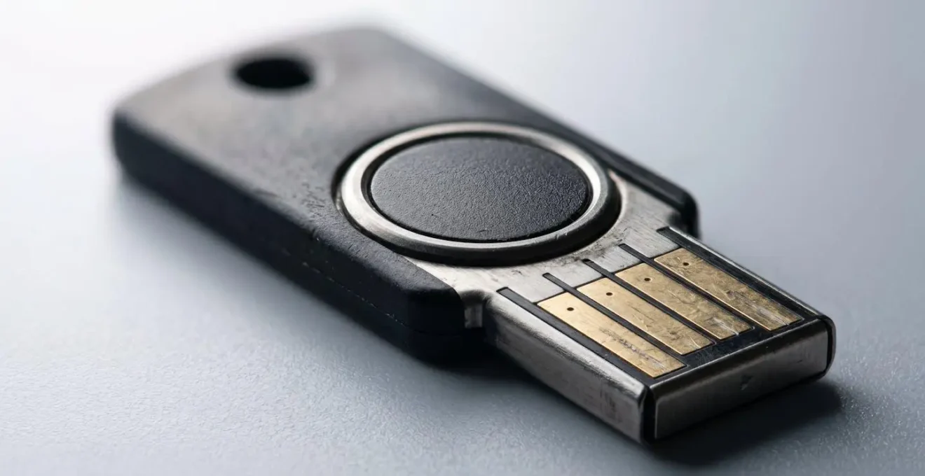 Gros plan sur une clé de sécurité matérielle illustrant la protection physique contre le phishing