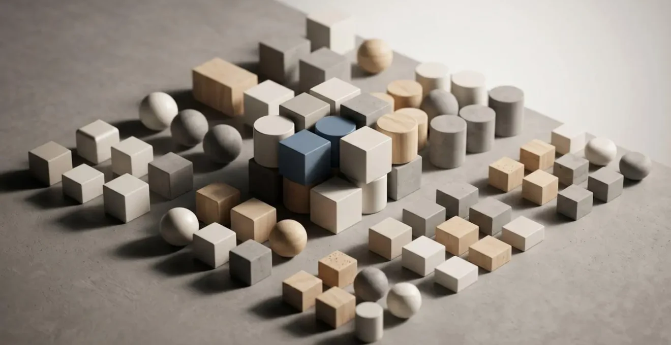 Représentation conceptuelle d'un système de design montrant l'organisation et la cohérence visuelle des composants