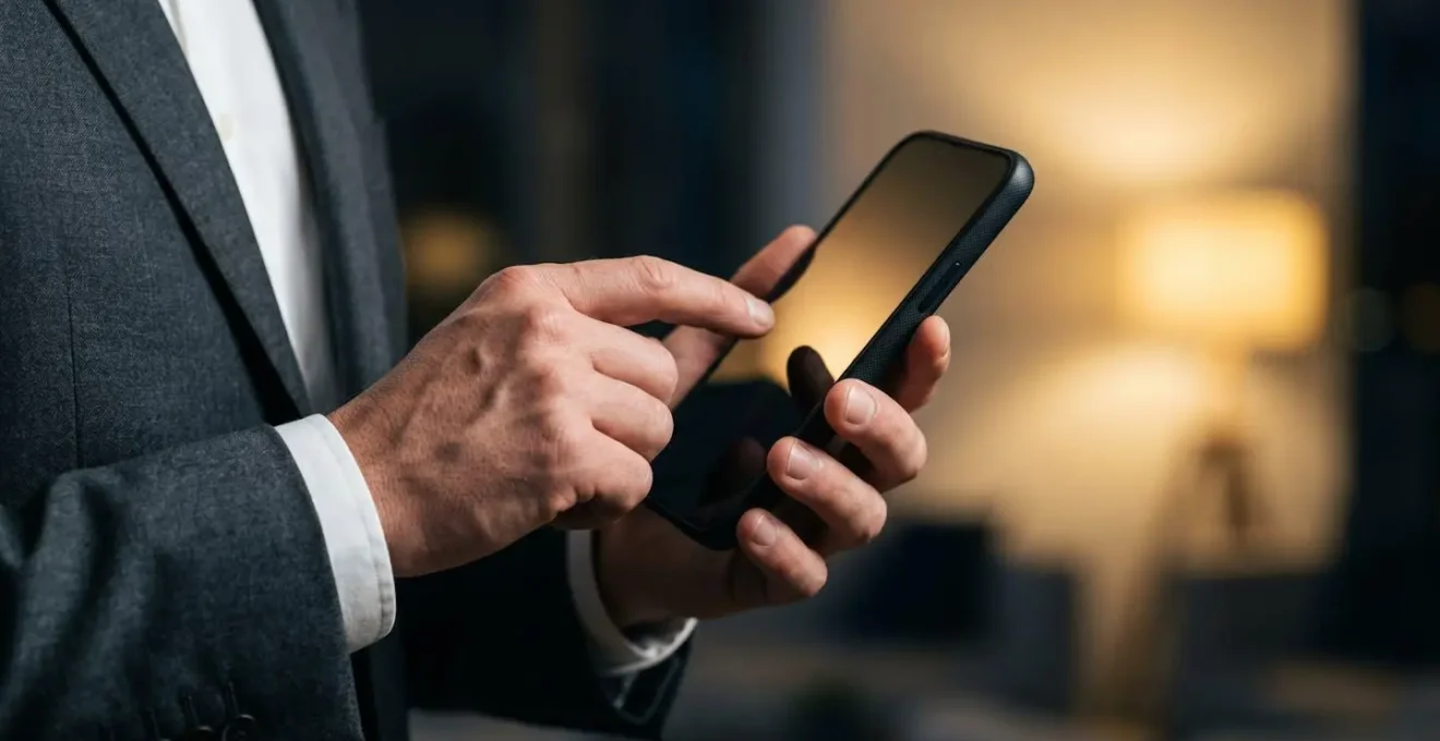 Main tenant un smartphone avec geste d'hésitation face aux notifications