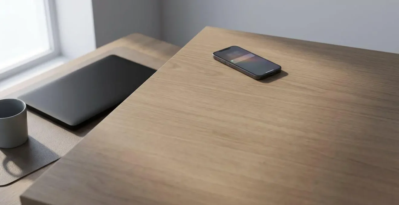 Vue d'ensemble minimaliste d'un espace de travail moderne avec smartphone recevant des notifications