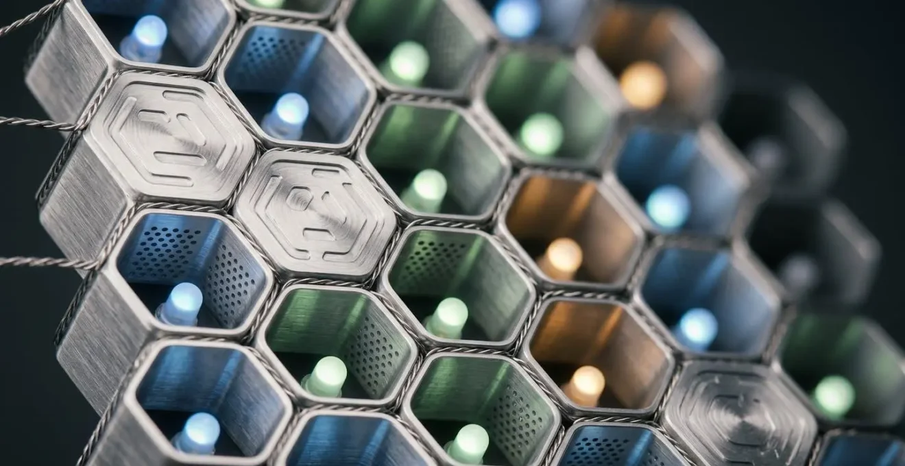 Représentation macro de structures modulaires interconnectées symbolisant l'orchestration et la standardisation des déploiements