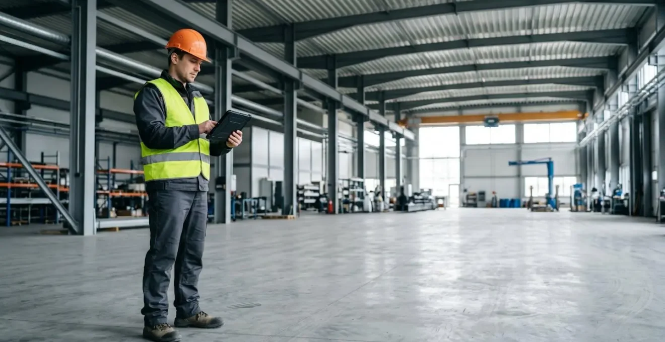 Technicien sur un chantier industriel utilisant un appareil mobile pour la saisie de données en temps réel