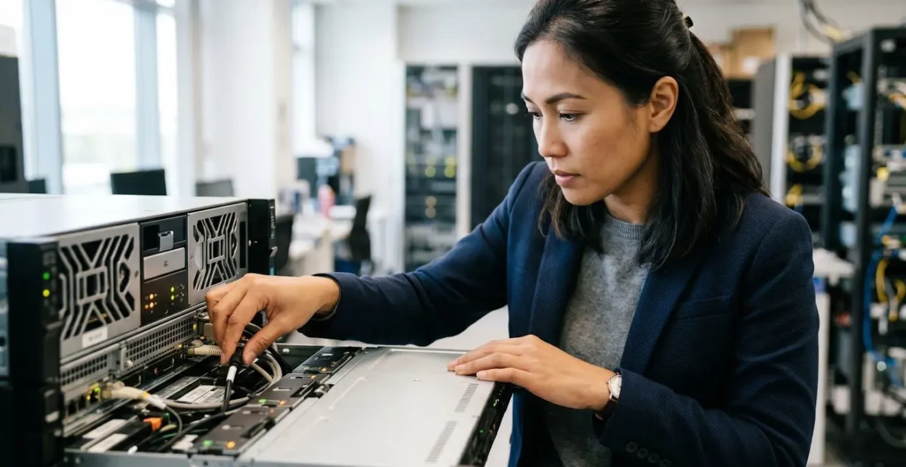 Professionnel informatique testant la restauration de sauvegardes dans un environnement de laboratoire isolé