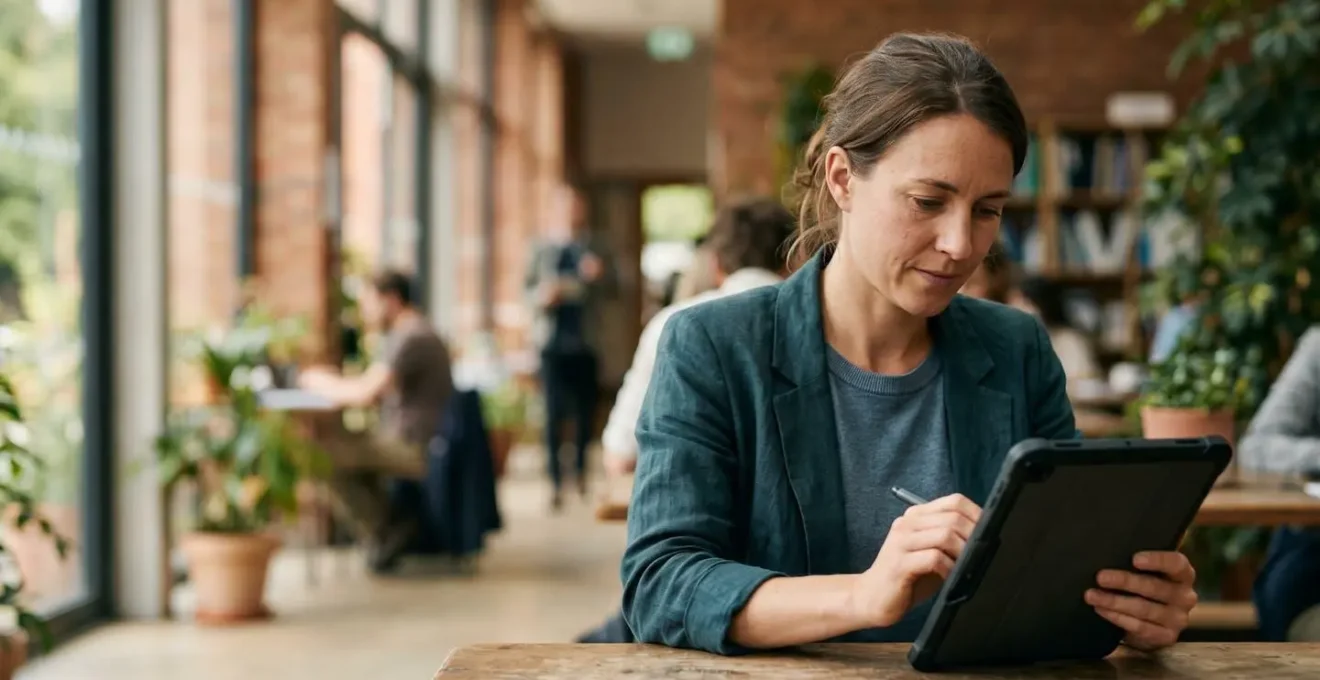 Professionnel utilisant un dispositif mobile dans un contexte de travail terrain illustrant la flexibilité et la mobilité