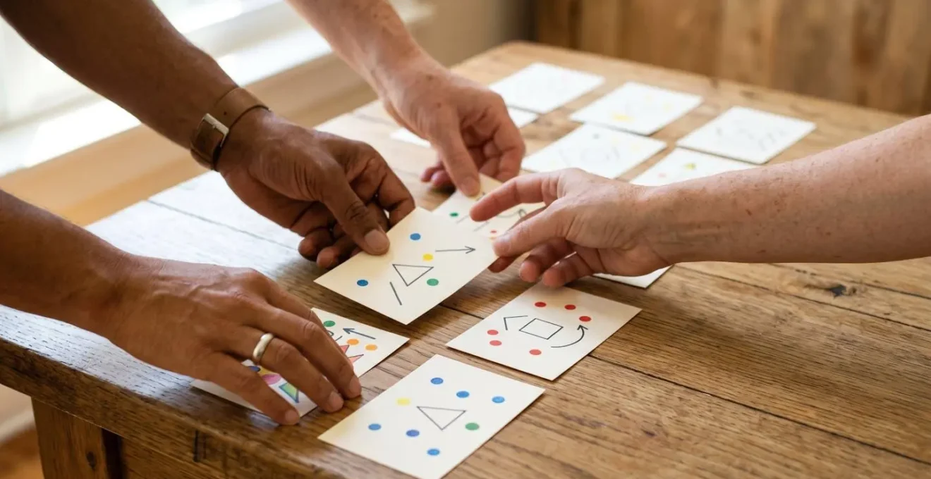 Des mains disposant des cartes de validation d'hypotheses sur une surface en bois, illustrant la priorisation des risques avant le developpement d'un MVP